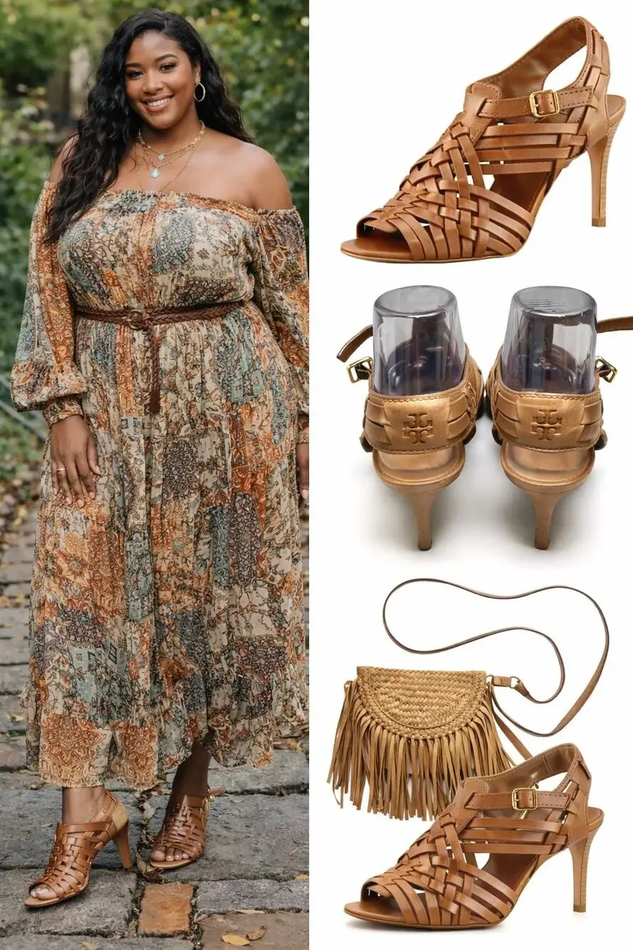 Tory Burch Camel Woven Leather Heels Sandals 7 6010